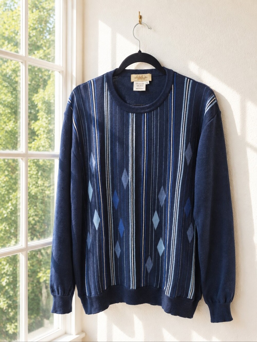 Vintage Montechiaro Italy Wool Blend Sweater XL Navy Geometric Eclectic Grandpa